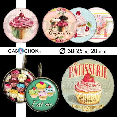 Les cupcakes ☆ 45 images digitales rondes 30 25 et 20 mm cupcake gateau muffin macaron page cabochons cabochon 