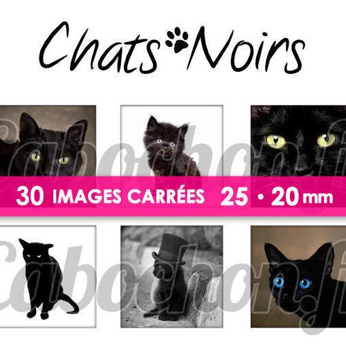 ☆ 30 images digitales / numériques carrees 25 et 20 mm ° chats noirs ° - page digitale de cabochons à imprimer 