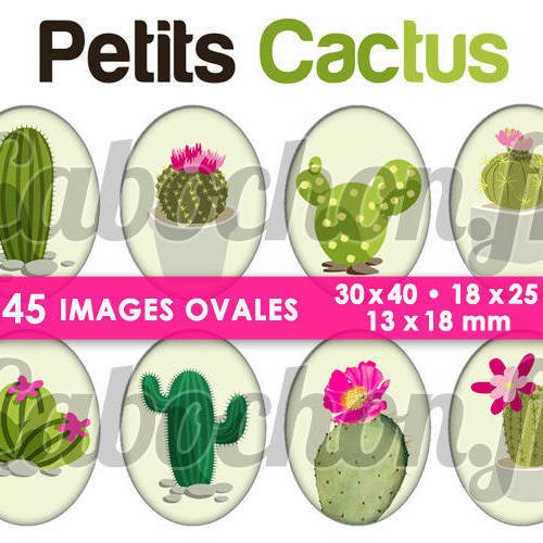 ☆ 45 images digitales / numériques ovales 30x40 18x25 et 13x18 mm ° petits cactus ° - page digitale pour cabochons 