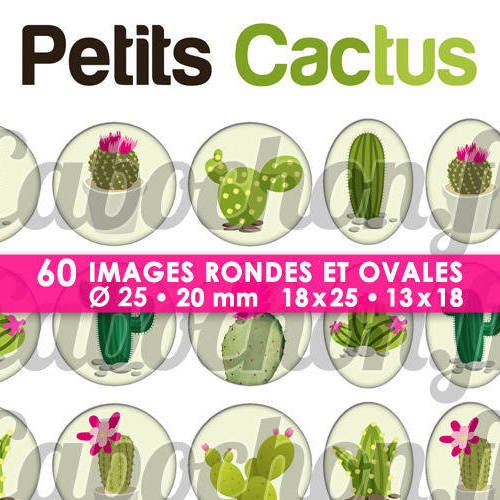 ☆ 60 images digitales / numériques rondes 25 et 20 mm et ovales 18x25 et 13x18 mm ° petits cactus ° - page d'images pour cabochons 