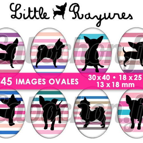 ☆ 45 images digitales / numériques ovales 30x40 18x25 et 13x18 mm ° little chihuahua rayures lv ° - page digitale pour cabochons 