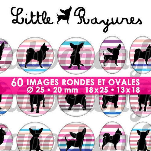☆ 60 images digitales / numériques rondes 25 et 20 mm et ovales 18x25 et 13x18 mm ° little chihuahua rayures iv ° - page d'images pour cabochons 