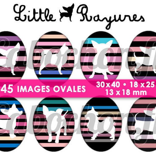 ☆ 45 images digitales / numériques ovales 30x40 18x25 et 13x18 mm ° little chihuahua rayures lll ° - page digitale pour cabochons 