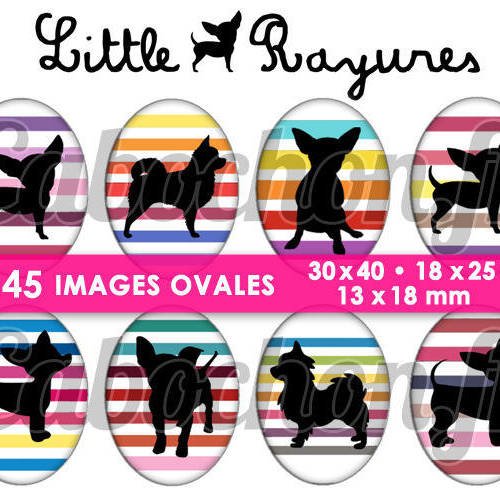 ☆ 45 images digitales / numériques ovales 30x40 18x25 et 13x18 mm ° little chihuahua rayures ll ° - page digitale pour cabochons 