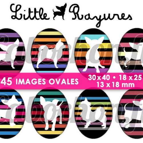 ☆ 45 images digitales / numériques ovales 30x40 18x25 et 13x18 mm ° little chihuahua rayures ° - page digitale pour cabochons 