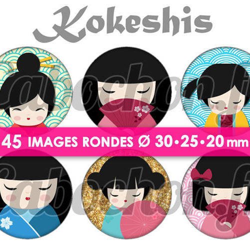 ☆ 45 images digitales / numériques rondes 30 25 et 20 mm ° kokeshis ll ° - page digitale de cabochons à imprimer 
