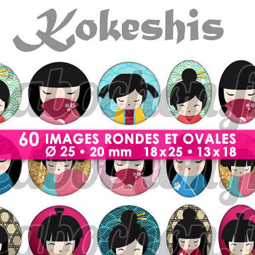 ☆ 60 images digitales / numériques rondes 25 et 20 mm et ovales 18x25 et 13x18 mm ° kokeshis ll ° - page d'images pour cabochons à imprimer 