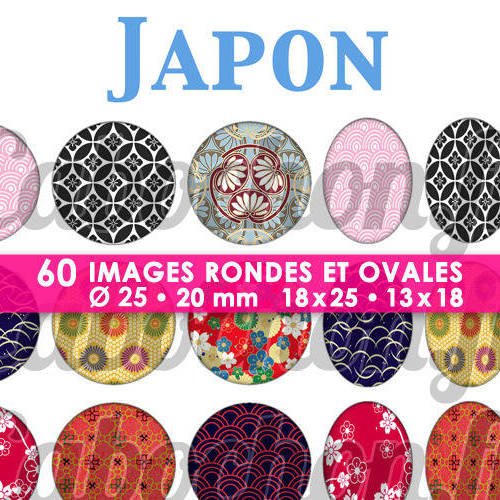 ☆ 60 images digitales / numériques rondes 25 et 20 mm et ovales 18x25 et 13x18 mm ° japon lv ° - page d'images pour cabochons à imprimer 