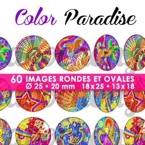 ☆ 60 images numériques rondes 25 et 20 mm et ovales 18x25 et 18x13 mm ° color paradise ° - page de collage digital pour cabochons 