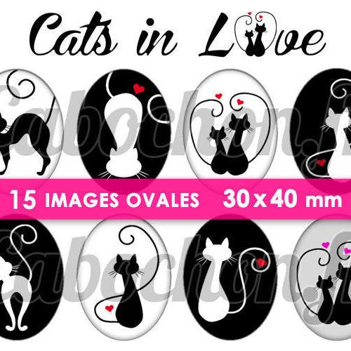 ☆ 15 images numériques ovales 30x40 ° cats in love ll ° page de collage digital pour cabochons 