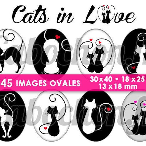 ☆ 45 images numériques ovales 30x40 18x25 et 13x18 mm ° cats in love ll ° page de collage digital pour cabochons 