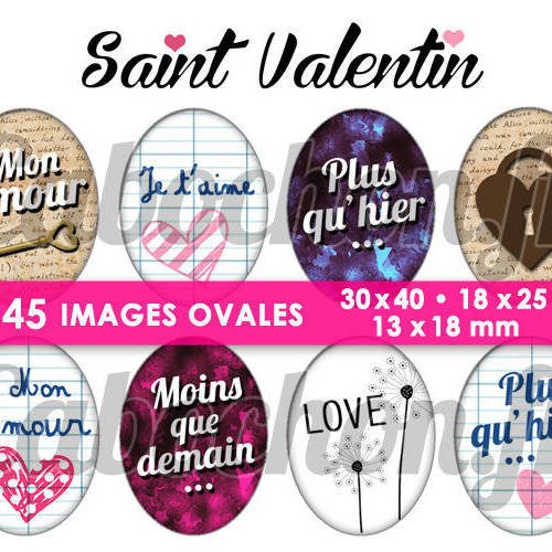 ☆ 45 images numériques ovales 30x40 18x25 et 13x18 mm ° saint - valentin v ° page de collage digital pour cabochons 