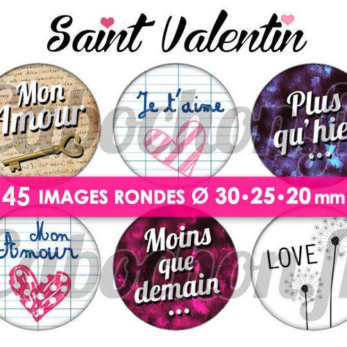 ☆ 45 images numériques rondes 30 25 et 20 mm ° saint valentin v ° - page de collage digital pour cabochons 