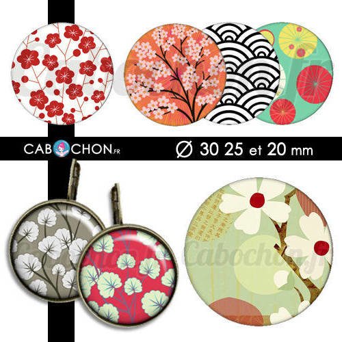 Japon ☆ 45 images digitales rondes 30 25 et 20 mm japan washi motif sakura page cabochon cabochons bijoux 