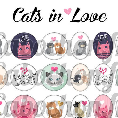 ° cats in love ° - page digitale pour cabochons - 60 images numériques à imprimer 
