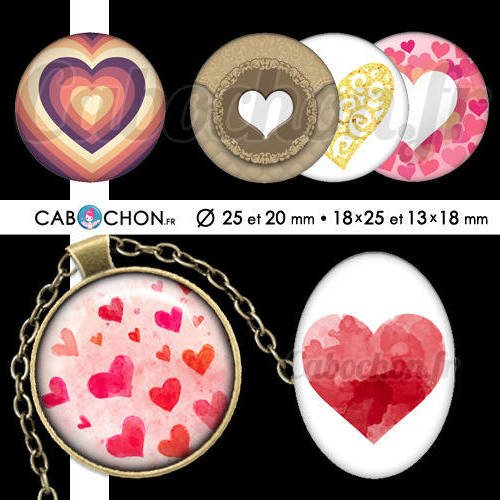 Les coeurs ll ☆ 60 images digitales rondes 25 et 20 mm et ovales 18x25 et 13x18 mm coeur valentin amour love page cabochon bijoux 