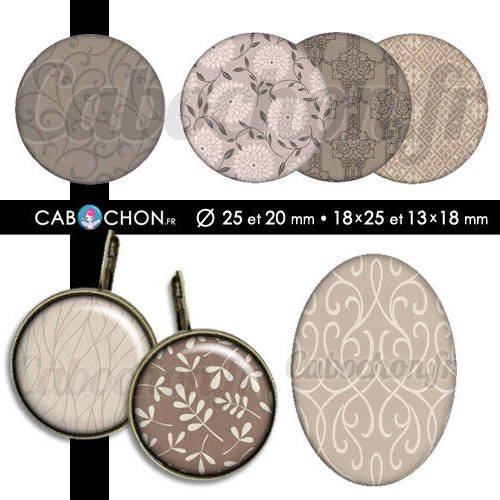 Taupe ☆ 60 images digitales rondes 25 et 20 mm ovales 18x25 et 13x18 mm motif motifs marron beige chocolat cabochons cabochon bijoux 