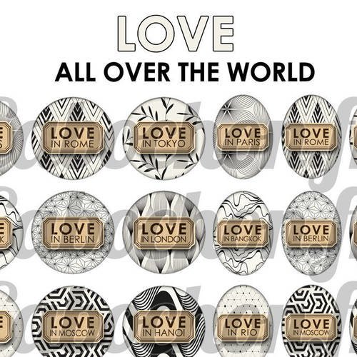 ° love all over the world ° - page de collage digital cabochons - 60 images à imprimer 