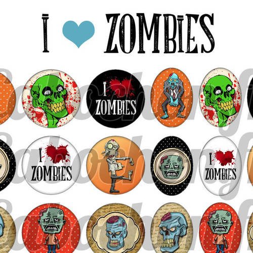 ° i love zombies ° - page de collage digital cabochons - 60 images numériques à imprimer 