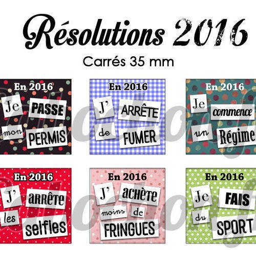 ° résolutions 2016 ° - page de collage cabochons - 15 images numériques à imprimer 
