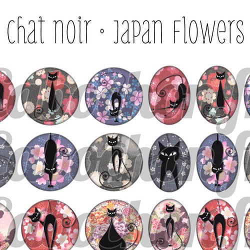 ° chat noir • japan flowers ° - page digitale pour cabochons - 60 images 