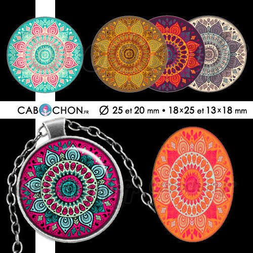Mandala mania lv ☆ 60 images digitales rondes 25 et 20 mm ovales 18x25 et 13x18 mm couleur motif indien rosace page cabochon cabochons 