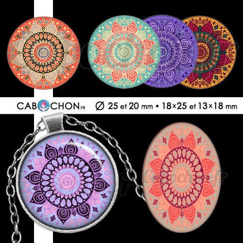 Mandala mania lll ☆ 60 images digitales rondes 25 et 20 mm ovales 18x25 et 13x18 mm couleur motif indien rosace page cabochon 