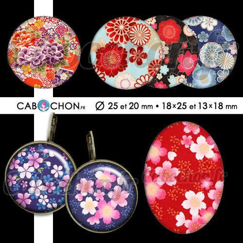 Japan flowers ☆ 60 images digitales rondes 25 et 20 mm et ovales 18x25 et 13x18 mm japon fleur sakura page cabochon bijoux 