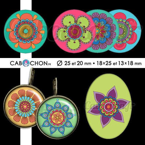 Happy flowers ☆ 60 images digitales rondes 25 et 20 mm ovales 18x25 et 13x18 mm fleur couleur color page cabochon bijoux badge 