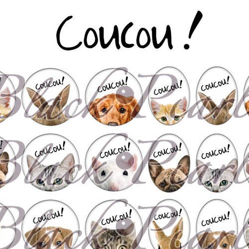 Coucou ! ☆ 60 images digitales rondes 25 et 20 mm et ovales 18x25 et 13x18 mm chien chat souris lapin page cabochons 
