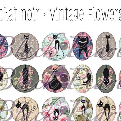 ° chat noir • vintage flowers ° - page digitale pour cabochons - 60 images 