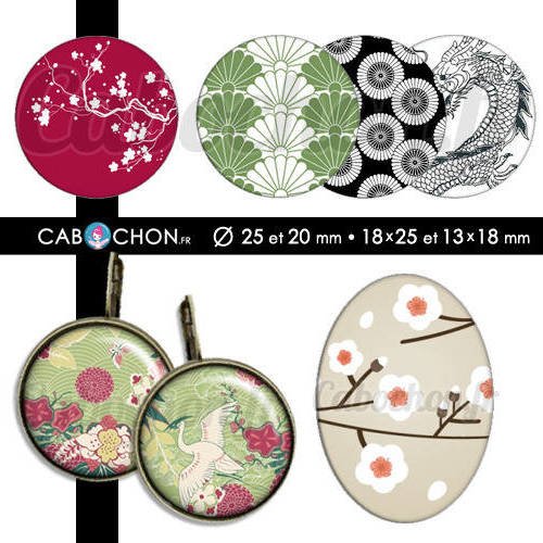 Japon lll ☆ 60 images digitales rondes 25 et 20 mm ovales 18x25 et 13x18 mm japan washi motif sakura page cabochon cabochons 