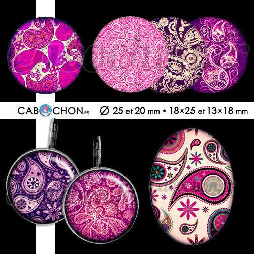 Paisley pink cachemire ☆ 60 images digitales rondes 25 et 20 mm ovales 18x25 et 13x18 mm motif motifs indien bandana page cabochon 