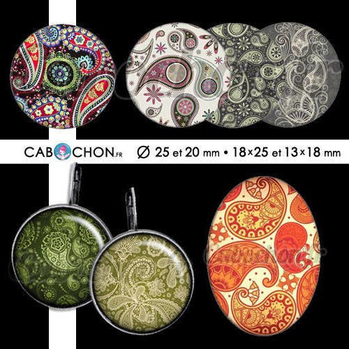 Paisley cachemire ☆ 60 images digitales rondes 25 et 20 mm ovales 18x25 et 13x18 mm motif motifs indien bandana page cabochon cabochons 