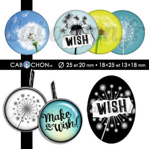Make a wish ☆ 60 images digitales rondes 25 et 20 mm ovales 18x25 et 13x18 mm dandelion taraxacum voeux pissenlit page cabochon cabochons 