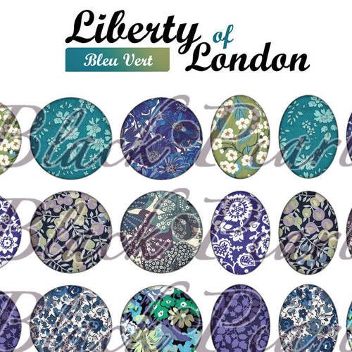 ° liberty of london - bleu vert ° - page digitale pour cabochons - 60 images 