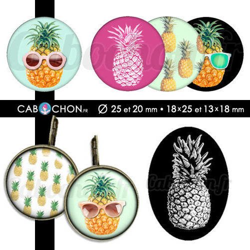 Ananafolie ☆ 60 images digitales numériques rondes 25 et 20 mm ovales 18x25 et 13x18 mm ananas pina pineapple page cabochon cabochons bijoux 