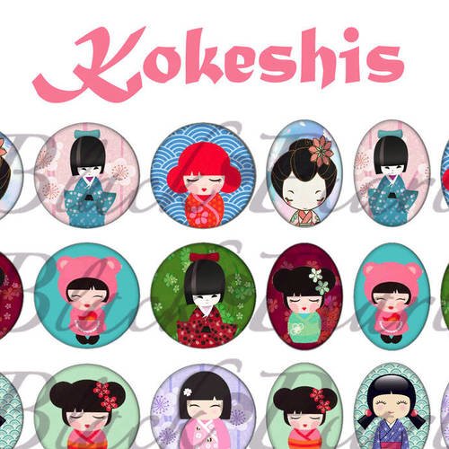 °kokeshis° - page digitale pour cabochons - 60 images