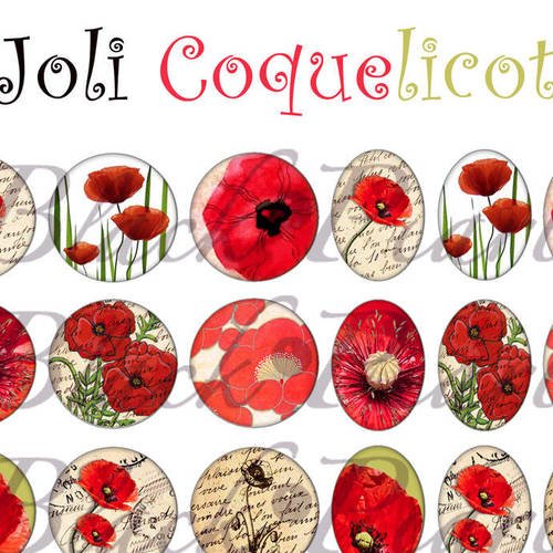 Joli coquelicot ☆ 60 images digitales numériques rondes 25 et 20 mm et ovales 18x25 et 13x18 mm page d'images pour cabochons 