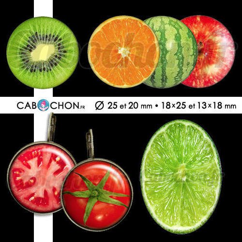 Les fruits ☆ 60 images digitales rondes 25 et 20 mm et ovales 18x25 et 13x18 mm fruit kiwi citron orange tomate page cabochon 