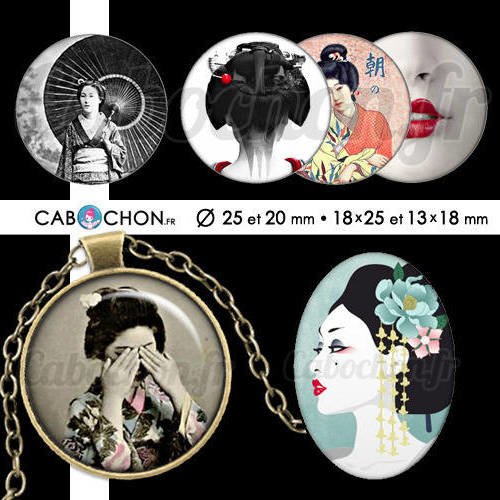 Geishas ☆ 60 images digitales numériques rondes 25 et 20 mm ovales 18x25 et 13x18 mm geisha japon kimono page cabochon bijoux badges 