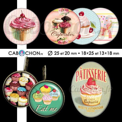 Les cupcakes ☆ 60 images digitales rondes 25 et 20 mm ovales 18x25 et 13x18 mm cupcake gateau muffin macaron page cabochons cabochon 