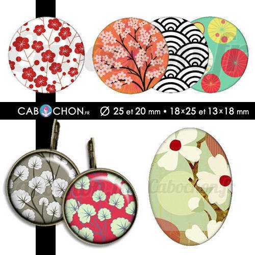 Japon ☆ 60 images digitales rondes 25 et 20 mm ovales 18x25 et 13x18 mm japan washi motif sakura page cabochon cabochons bijoux 
