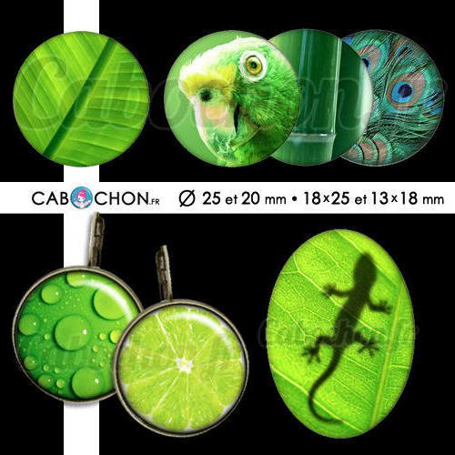Esprit nature ☆ 60 images digitales rondes 25 et 20 mm et ovales 18x25 et 13x18 mm vert feuille paon citron lézard texture page 