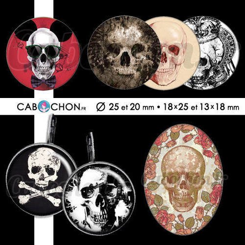 Memento mori ☆ 60 images digitales rondes 25 et 20 mm ovales 18x25 et 13x18 mm crane squelette calaveras mexican skull cabochons cabochon 