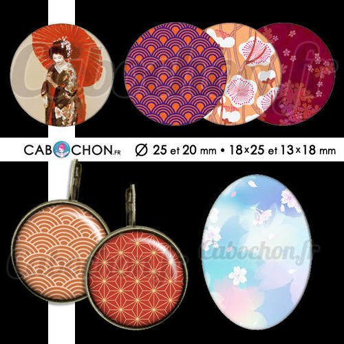 Japon ll ☆ 60 images digitales rondes 25 et 20 mm ovales 18x25 et 13x18 mm japan washi motif sakura page cabochon cabochons bijoux 