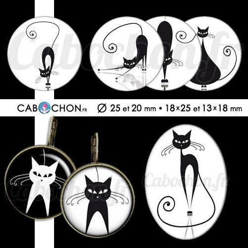 Chat noir chat blanc ☆ 60 images digitales rondes 25 et 20 mm ovales 18x25 et 13x18 mm silhouette ombre page cabochon cabochons 