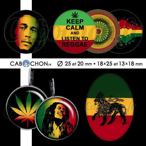 Reggae ☆ 60 images digitales rondes 25 et 20 mm ovales 18x25 et 13x18 mm rasta bob marley weed jamaique jamaica one love 
