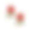 2 breloques roses rouges, or clair, avec email