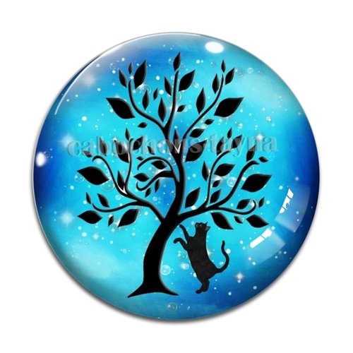 Cabochon arbre de vie et chat, cabochon résine - ou verre rond différente taille